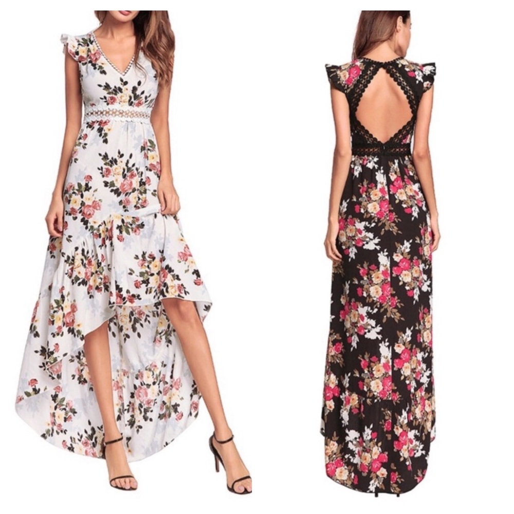 White Flower Crepe Asymmetrical Dress - Picture 3 of 7